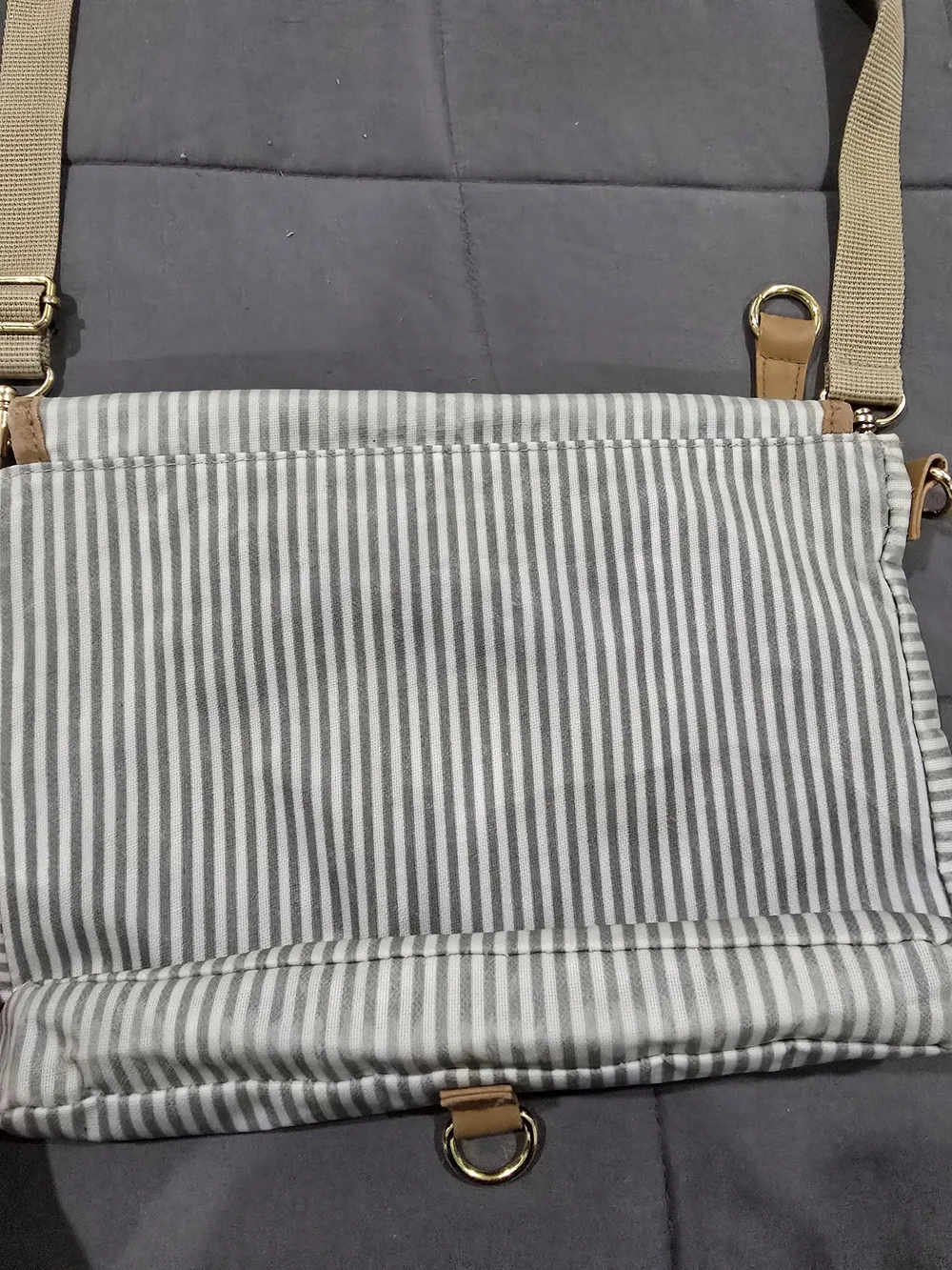 Skip Hop Gray and White Striped Messenger Bag with Tan Trim and Red Accent